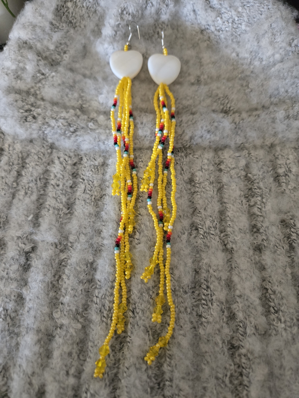 Yellow Beaded Fringe Earrings with White Heart Shells